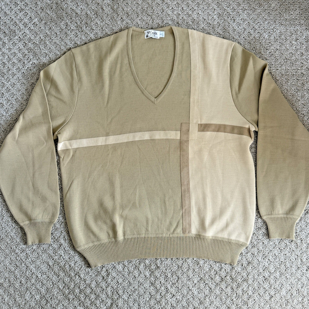 VTG XXL St Croix Knits 100% Zephyr Wool - Sweater - Retro Tan Pullover V Neck